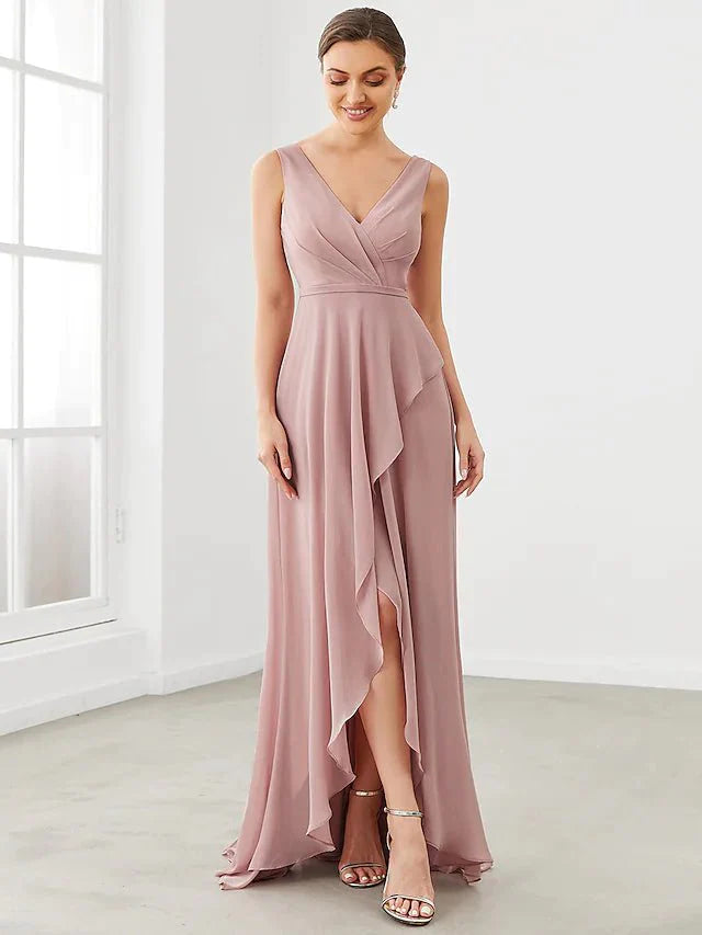 A-Line Bridesmaid Dress V Neck Sleeveless Elegant Floor Length Chiffon with Pleats / Ruffles / Tier - RongMoon