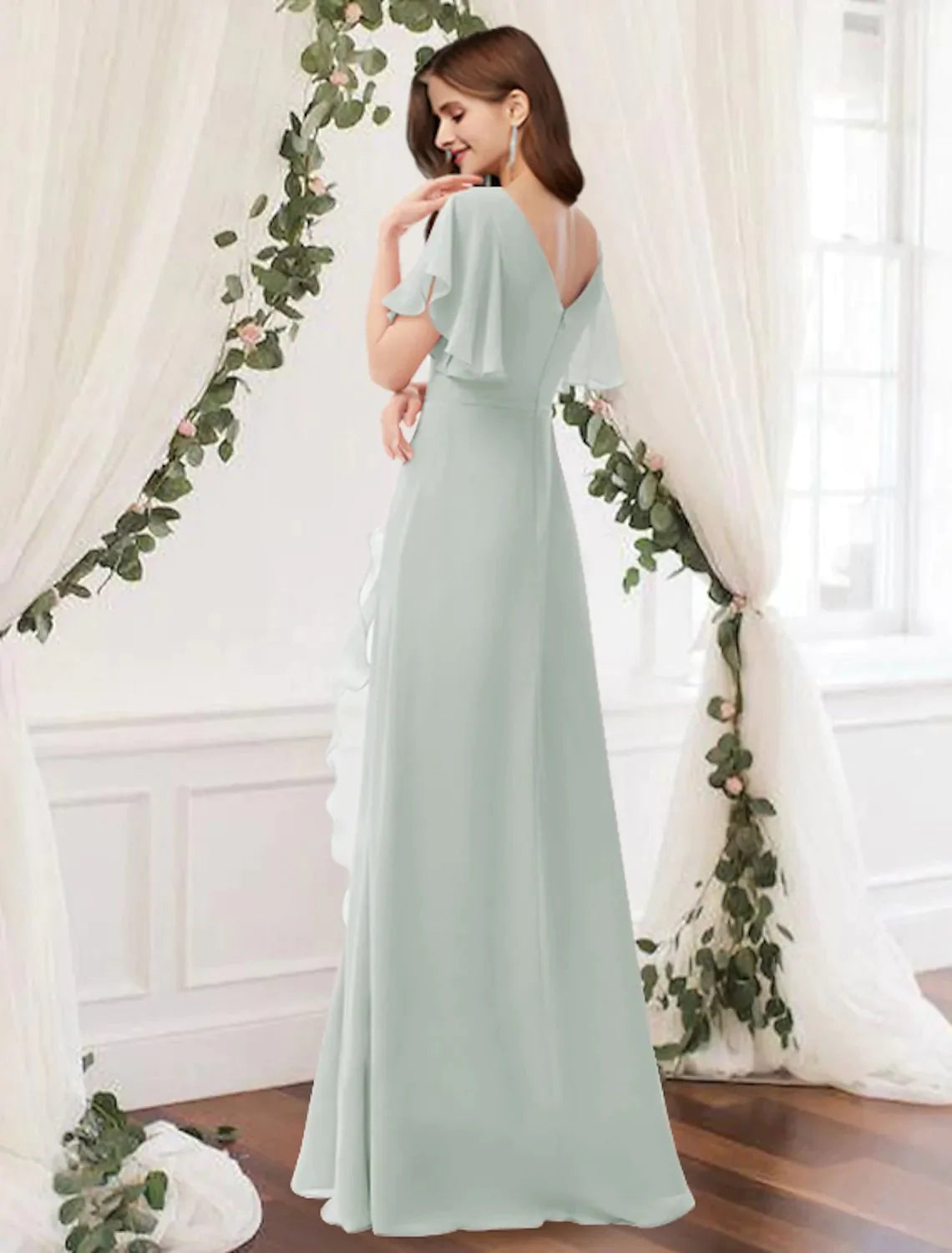 A-Line Bridesmaid Dress V Neck Sleeveless Elegant Floor Length Chiffon with Ruffles / Split Front - RongMoon