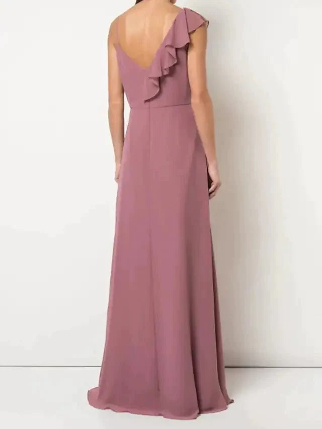 A-Line Bridesmaid Dress V Neck Sleeveless Elegant Floor Length Chiffon with Sash / Ribbon / Ruffles / Split Front - RongMoon