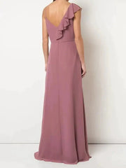 A-Line Bridesmaid Dress V Neck Sleeveless Elegant Floor Length Chiffon with Sash / Ribbon / Ruffles / Split Front - RongMoon