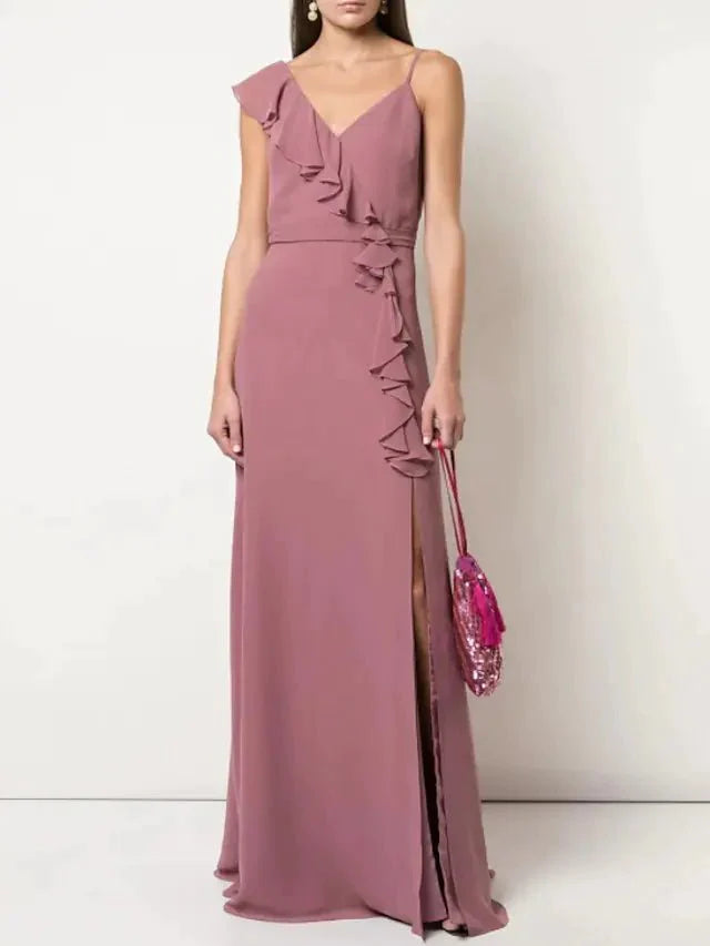 A-Line Bridesmaid Dress V Neck Sleeveless Elegant Floor Length Chiffon with Sash / Ribbon / Ruffles / Split Front - RongMoon