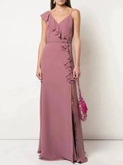 A-Line Bridesmaid Dress V Neck Sleeveless Elegant Floor Length Chiffon with Sash / Ribbon / Ruffles / Split Front - RongMoon