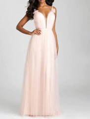 A-Line Bridesmaid Dress V Neck Sleeveless Elegant Floor Length Tulle with Bow(s) / Pleats - RongMoon