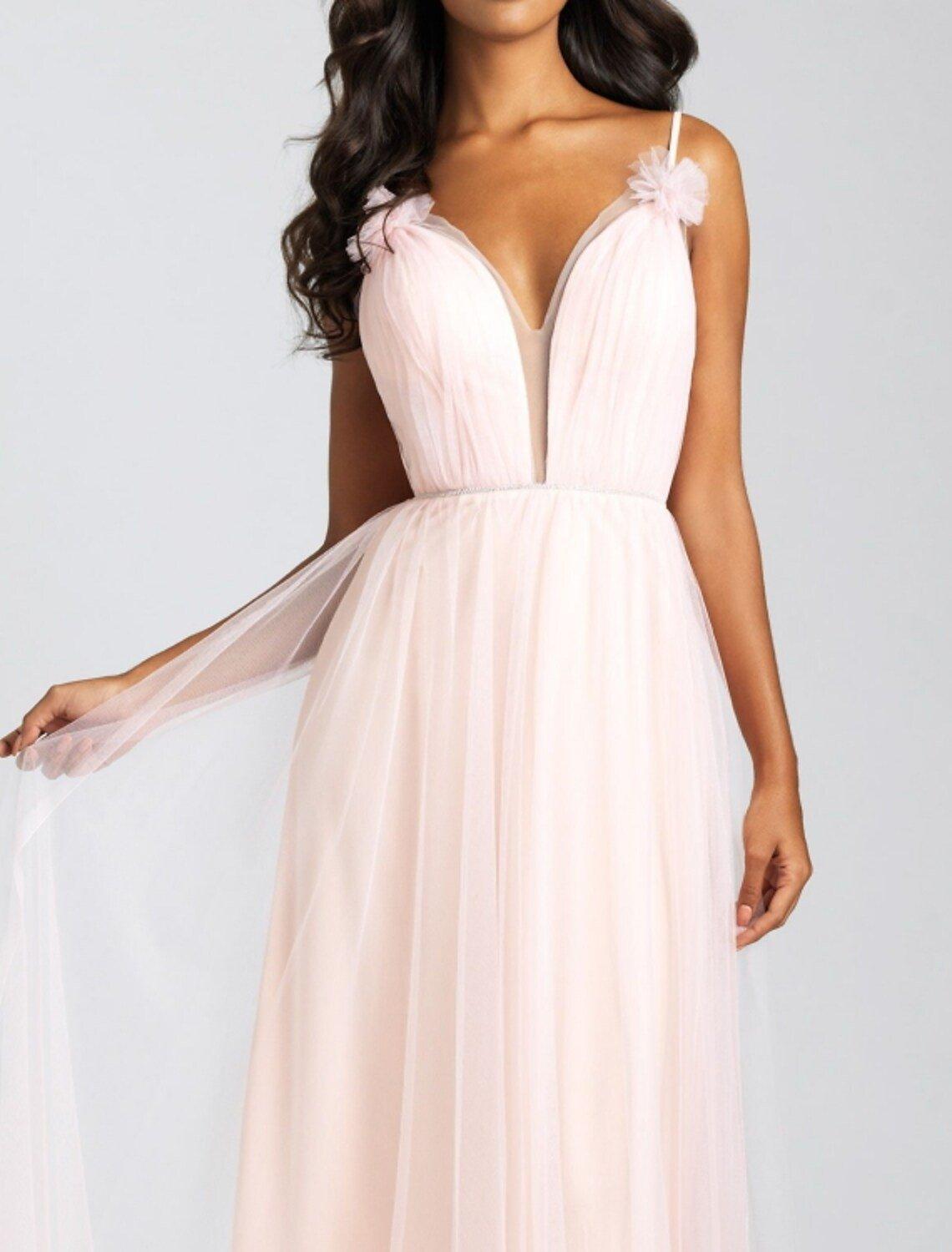 A-Line Bridesmaid Dress V Neck Sleeveless Elegant Floor Length Tulle with Bow(s) / Pleats - RongMoon
