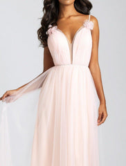 A-Line Bridesmaid Dress V Neck Sleeveless Elegant Floor Length Tulle with Bow(s) / Pleats - RongMoon