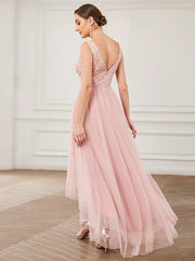 A-Line Bridesmaid Dress V Neck Sleeveless Elegant Short / Mini Lace / Tulle with Draping / Ruching - RongMoon