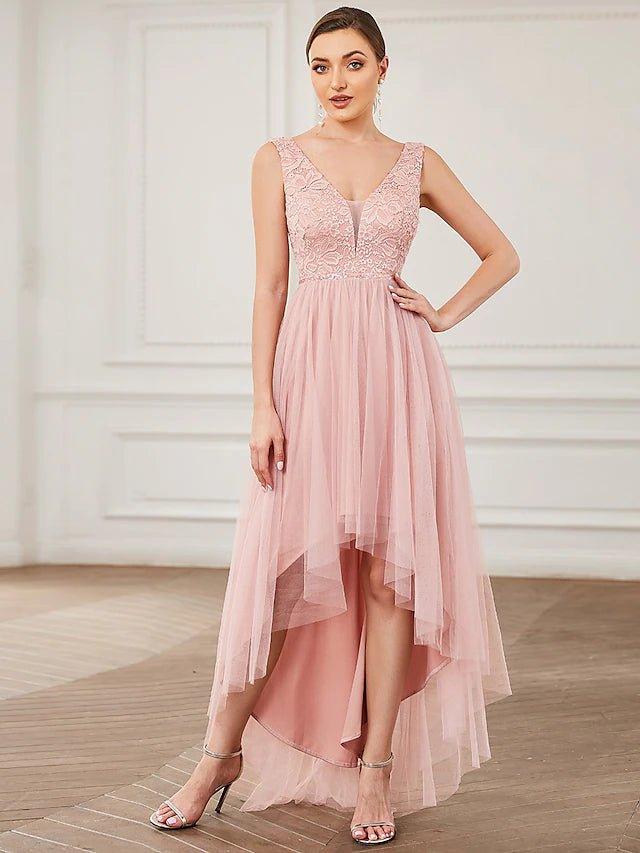 A-Line Bridesmaid Dress V Neck Sleeveless Elegant Short / Mini Lace / Tulle with Draping / Ruching - RongMoon