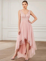 A-Line Bridesmaid Dress V Neck Sleeveless Elegant Short / Mini Lace / Tulle with Draping / Ruching - RongMoon