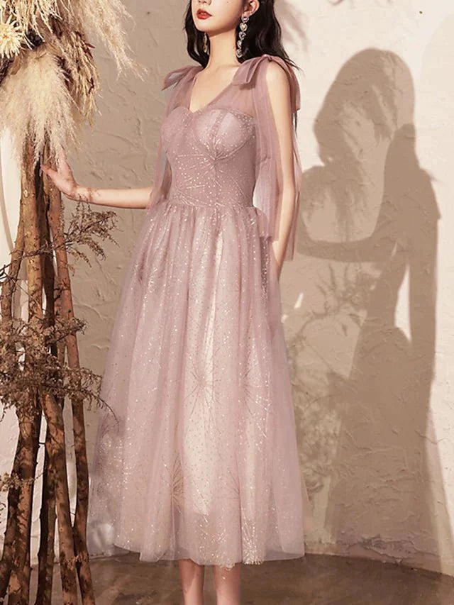 A-Line Bridesmaid Dress V Neck Sleeveless Elegant Tea Length Tulle with Bow(s) / Sequin - RongMoon