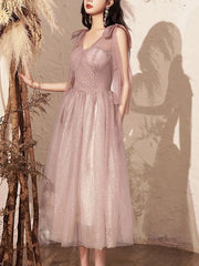 A-Line Bridesmaid Dress V Neck Sleeveless Elegant Tea Length Tulle with Bow(s) / Sequin - RongMoon