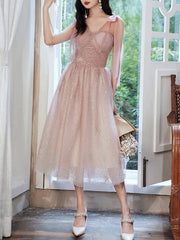 A-Line Bridesmaid Dress V Neck Sleeveless Elegant Tea Length Tulle with Bow(s) / Sequin - RongMoon