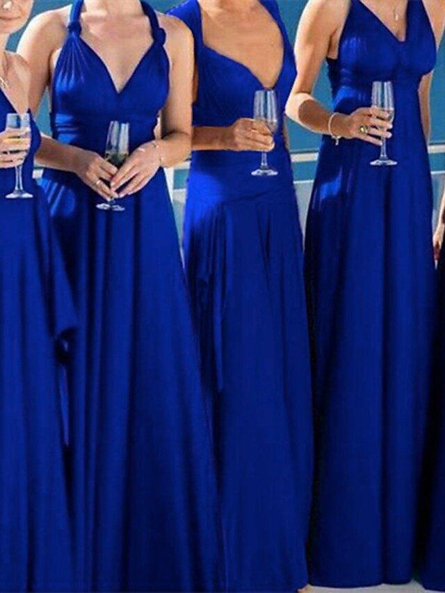A-Line Bridesmaid Dress V Neck Sleeveless Sexy Floor Length Spandex with Pleats / Solid Color - RongMoon