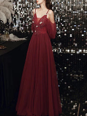 A-Line Bridesmaid Dress V Neck / Spaghetti Strap Long Sleeve Elegant Floor Length Tulle with Appliques - RongMoon