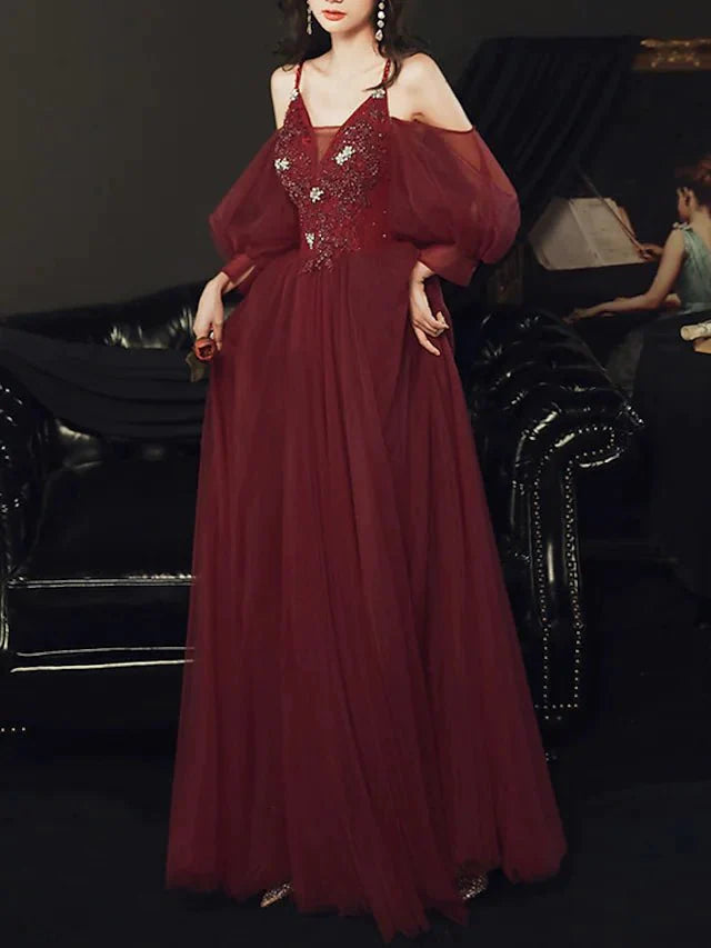 A-Line Bridesmaid Dress V Neck / Spaghetti Strap Long Sleeve Elegant Floor Length Tulle with Appliques - RongMoon
