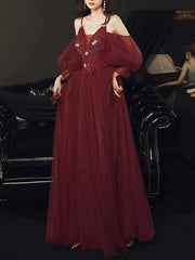 A-Line Bridesmaid Dress V Neck / Spaghetti Strap Long Sleeve Elegant Floor Length Tulle with Appliques - RongMoon