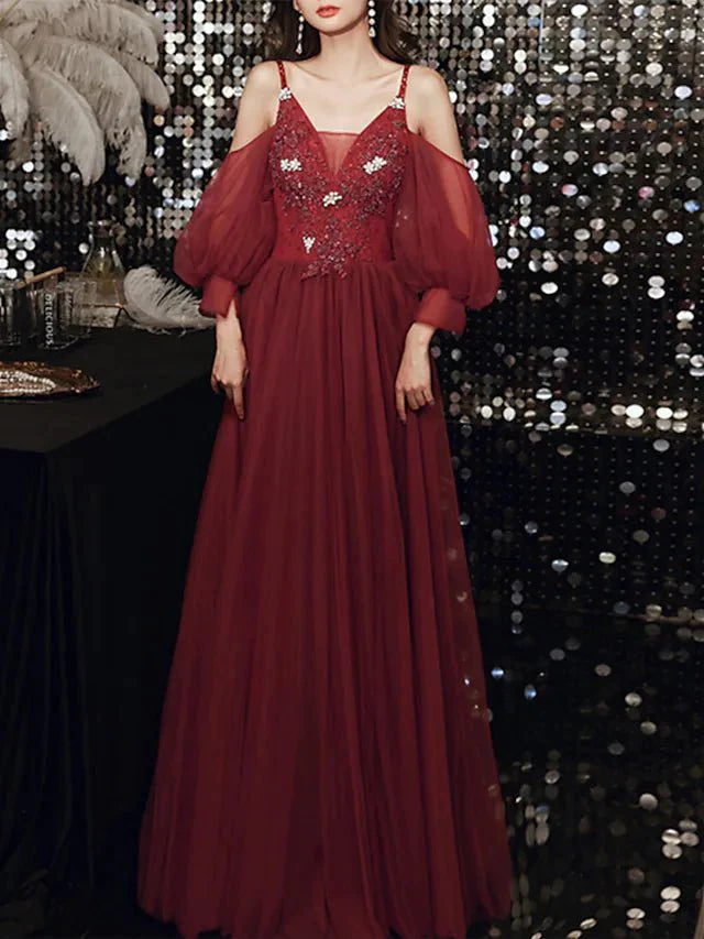 A-Line Bridesmaid Dress V Neck / Spaghetti Strap Long Sleeve Elegant Floor Length Tulle with Appliques - RongMoon