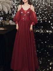 A-Line Bridesmaid Dress V Neck / Spaghetti Strap Long Sleeve Elegant Floor Length Tulle with Appliques - RongMoon
