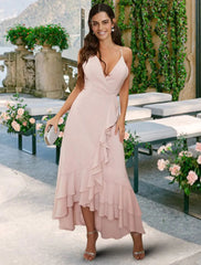 A-Line Bridesmaid Dress V Neck / Spaghetti Strap Sleeveless Sexy Asymmetrical / Tea Length Chiffon with Cascading Ruffles / Solid Color - RongMoon