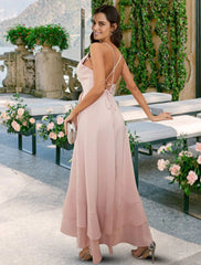 A-Line Bridesmaid Dress V Neck / Spaghetti Strap Sleeveless Sexy Asymmetrical / Tea Length Chiffon with Cascading Ruffles / Solid Color - RongMoon