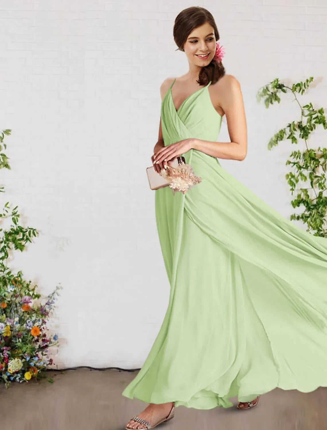 A-Line Bridesmaid Dress V Neck / Spaghetti Strap Sleeveless Sexy Floor Length Chiffon with Pleats - RongMoon