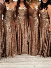 A-Line Bridesmaid Dress V Neck / Spaghetti Strap Sleeveless Sexy Floor Length Sequined with Sequin - RongMoon