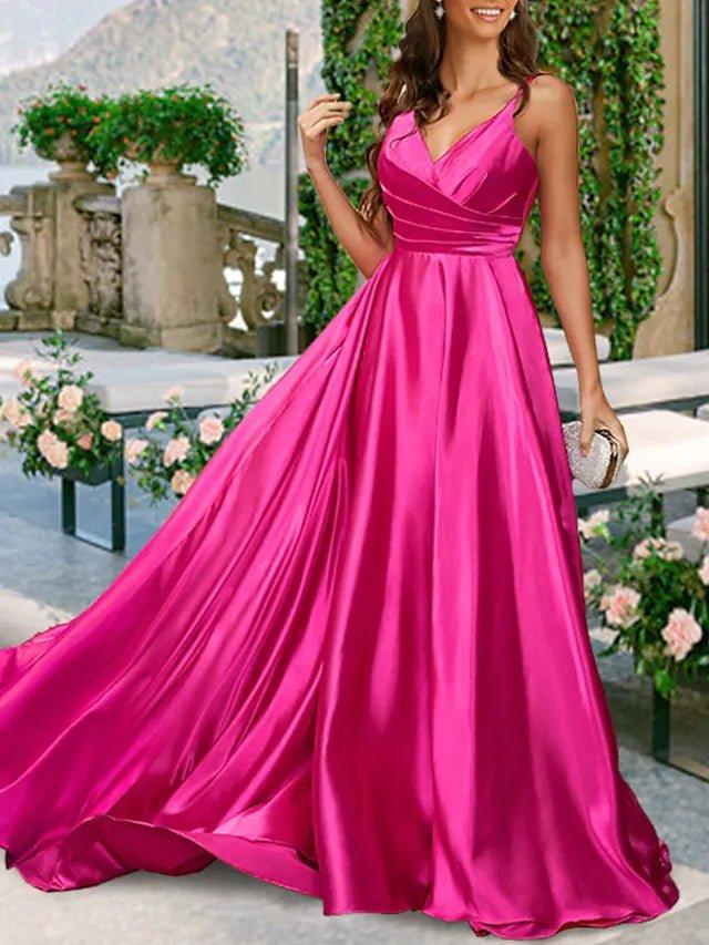 A-Line Bridesmaid Dress V Neck / Spaghetti Strap Sleeveless Sexy Sweep / Brush Train Charmeuse with Pleats / Solid Color - RongMoon
