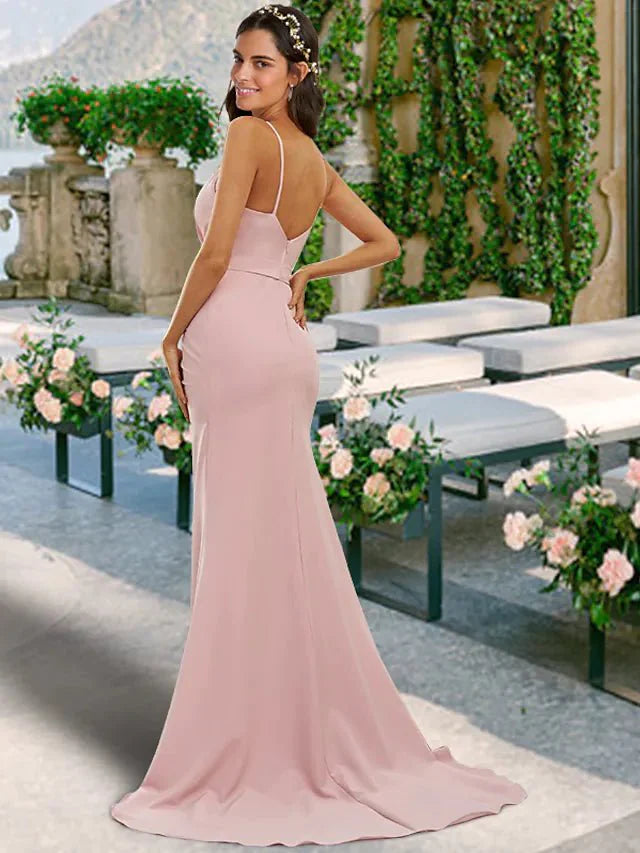 A-Line Bridesmaid Dress V Neck / Spaghetti Strap Sleeveless Sexy Sweep / Brush Train Chiffon with Split Front - RongMoon