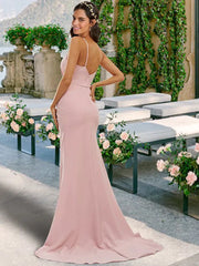 A-Line Bridesmaid Dress V Neck / Spaghetti Strap Sleeveless Sexy Sweep / Brush Train Chiffon with Split Front - RongMoon