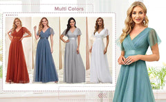 A-Line Bridesmaid Dresses Empire Minimalist Dress Party Wear Wedding Guest Floor Length V Neck Short Sleeve Chiffon V Back with Ruched Ruffles - RongMoon