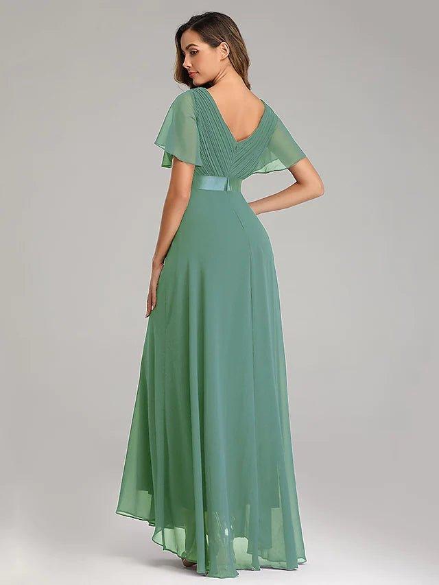 A-Line Bridesmaid Dresses Empire Minimalist Dress Party Wear Wedding Guest Floor Length V Neck Short Sleeve Chiffon V Back with Ruched Ruffles - RongMoon