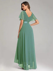 A-Line Bridesmaid Dresses Empire Minimalist Dress Party Wear Wedding Guest Floor Length V Neck Short Sleeve Chiffon V Back with Ruched Ruffles - RongMoon