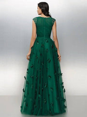 A-Line Floral Prom Formal Evening Dress Boat Neck Short Sleeve Floor Length Tulle with Crystals Appliques - RongMoon