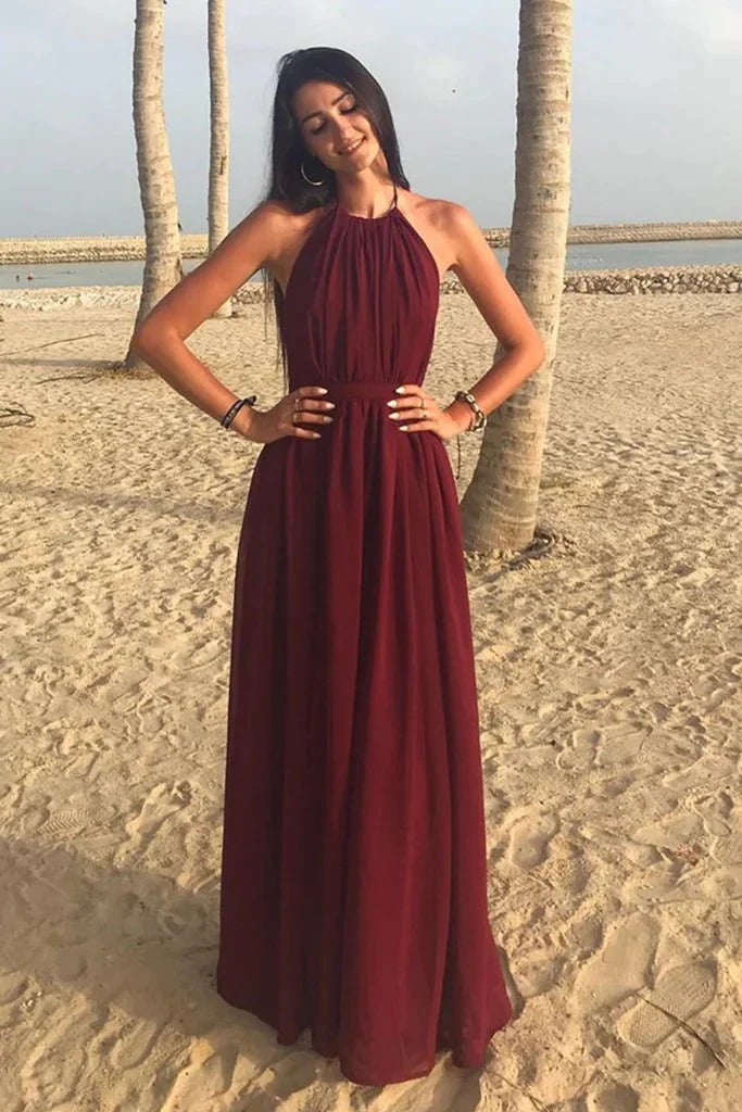 A Line Halter Neck Burgundy Long Prom Dress, Halter Neck Burgundy Formal Graduation Evening Dress, Burgundy Bridesmaid Dress - RongMoon