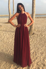 A Line Halter Neck Burgundy Long Prom Dress, Halter Neck Burgundy Formal Graduation Evening Dress, Burgundy Bridesmaid Dress - RongMoon
