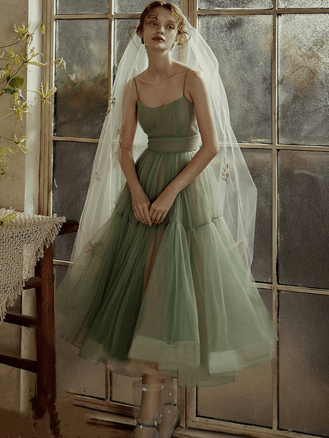 A-Line Minimalist Elegant Wedding Guest Prom Dress Spaghetti Strap Sleeveless Tea Length Tulle with Sash / Ribbon Pleats - RongMoon