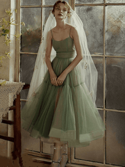 A-Line Minimalist Elegant Wedding Guest Prom Dress Spaghetti Strap Sleeveless Tea Length Tulle with Sash / Ribbon Pleats - RongMoon