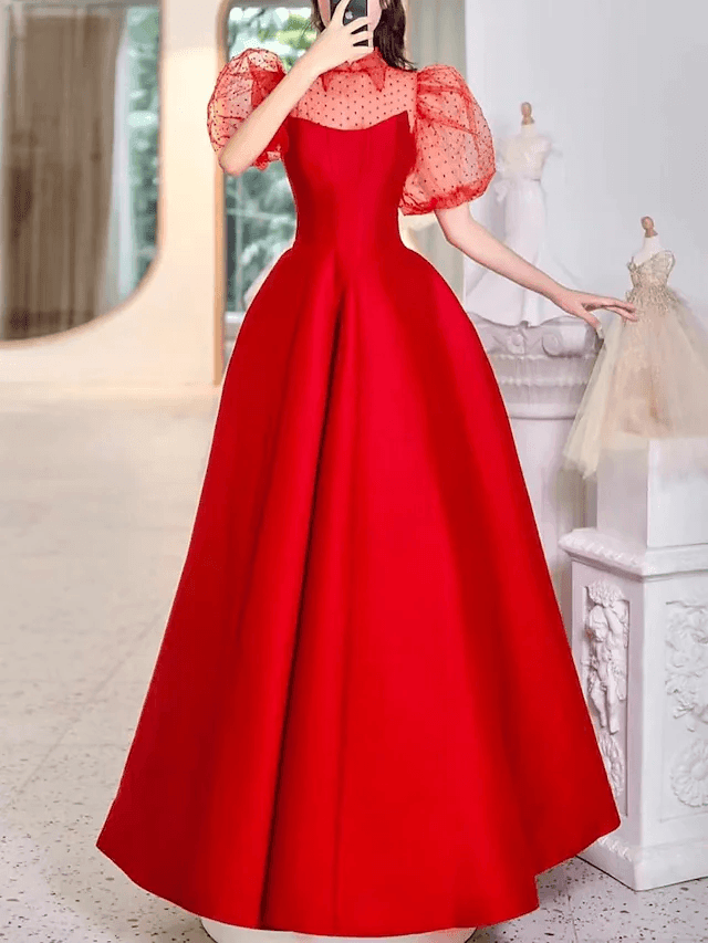 A-Line Minimalist Princess Wedding Guest Prom Dress Shirt Collar Short Sleeve Floor Length Satin with Solid Splicing - RongMoon