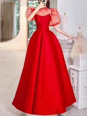 A-Line Minimalist Princess Wedding Guest Prom Dress Shirt Collar Short Sleeve Floor Length Satin with Solid Splicing - RongMoon