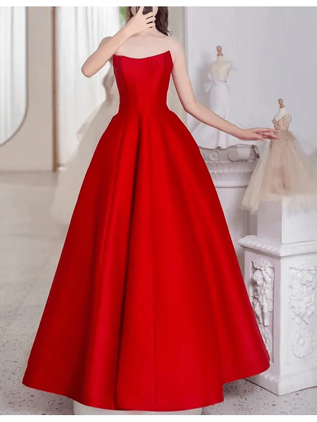 A-Line Minimalist Princess Wedding Guest Prom Dress Shirt Collar Short Sleeve Floor Length Satin with Solid Splicing - RongMoon