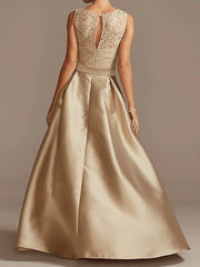 A-Line Mother of the Bride Dress Elegant Jewel Neck Asymmetrical Lace Satin Sleeveless - RongMoon