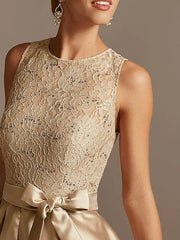 A-Line Mother of the Bride Dress Elegant Jewel Neck Asymmetrical Lace Satin Sleeveless with Bow(s) Pleats - RongMoon