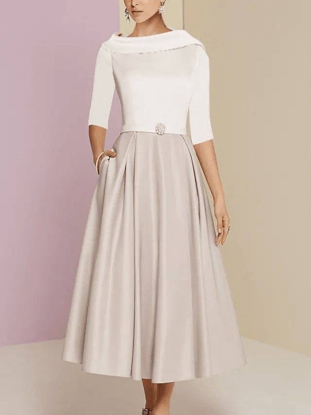 A-Line Mother of the Bride Dress Elegant Jewel Neck Tea Length Charmeuse Half Sleeve with Pleats - RongMoon