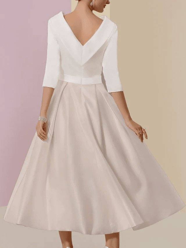 A-Line Mother of the Bride Dress Elegant Jewel Neck Tea Length Charmeuse Half Sleeve with Pleats - RongMoon