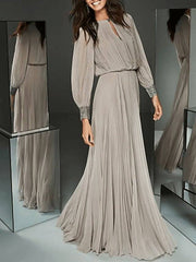 A-Line Mother of the Bride Dress Elegant & Luxurious Jewel Neck Floor Length Chiffon Long Sleeve with Buttons Pleats Beading - RongMoon