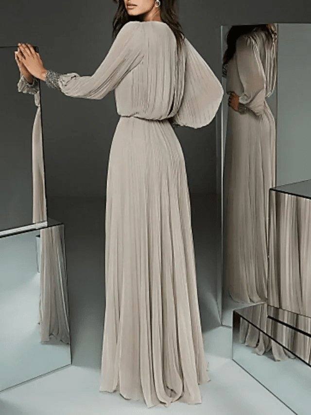 A-Line Mother of the Bride Dress Elegant & Luxurious Jewel Neck Floor Length Chiffon Long Sleeve with Buttons Pleats Beading - RongMoon