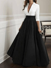 A-Line Mother of the Bride Dress Elegant & Luxurious Plunging Neck Floor Length Satin Half Sleeve - RongMoon