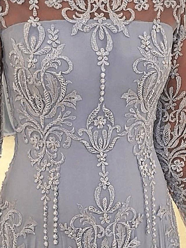 A-Line Mother of the Bride Dress Elegant Scalloped Neckline Sweep / Brush Train Polyester Long Sleeve with Pleats Appliques - RongMoon