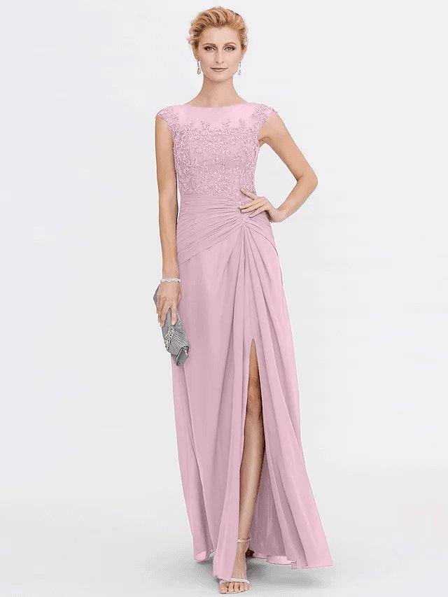 A-Line Mother of the Bride Dress Elegant See Through Bateau Neck Floor Length Chiffon Lace Sleeveless with Side Draping - RongMoon