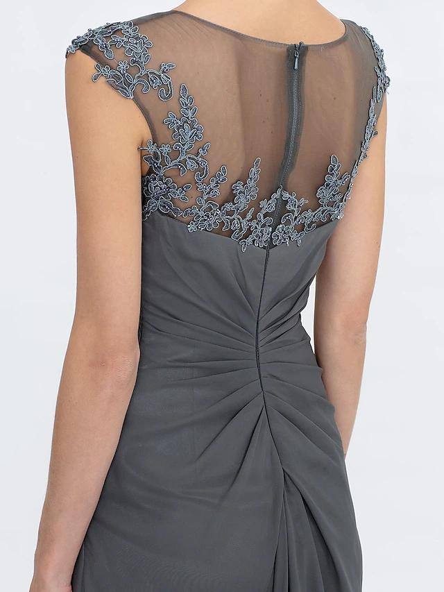 A-Line Mother of the Bride Dress Elegant See Through Bateau Neck Floor Length Chiffon Lace Sleeveless with Side Draping - RongMoon