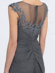 A-Line Mother of the Bride Dress Elegant See Through Bateau Neck Floor Length Chiffon Lace Sleeveless with Side Draping - RongMoon